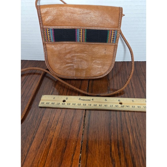 Vintage Tan Leather Crossbody Bag Woven Textile Accent Boho Small Saddle Purse - Picture 6 of 7